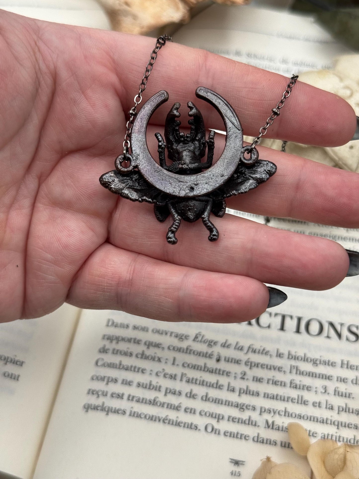 Small stag beetle with garnest on a moon frame, copper eformed necklace, unique piece Egyptian inspired with a dark finish