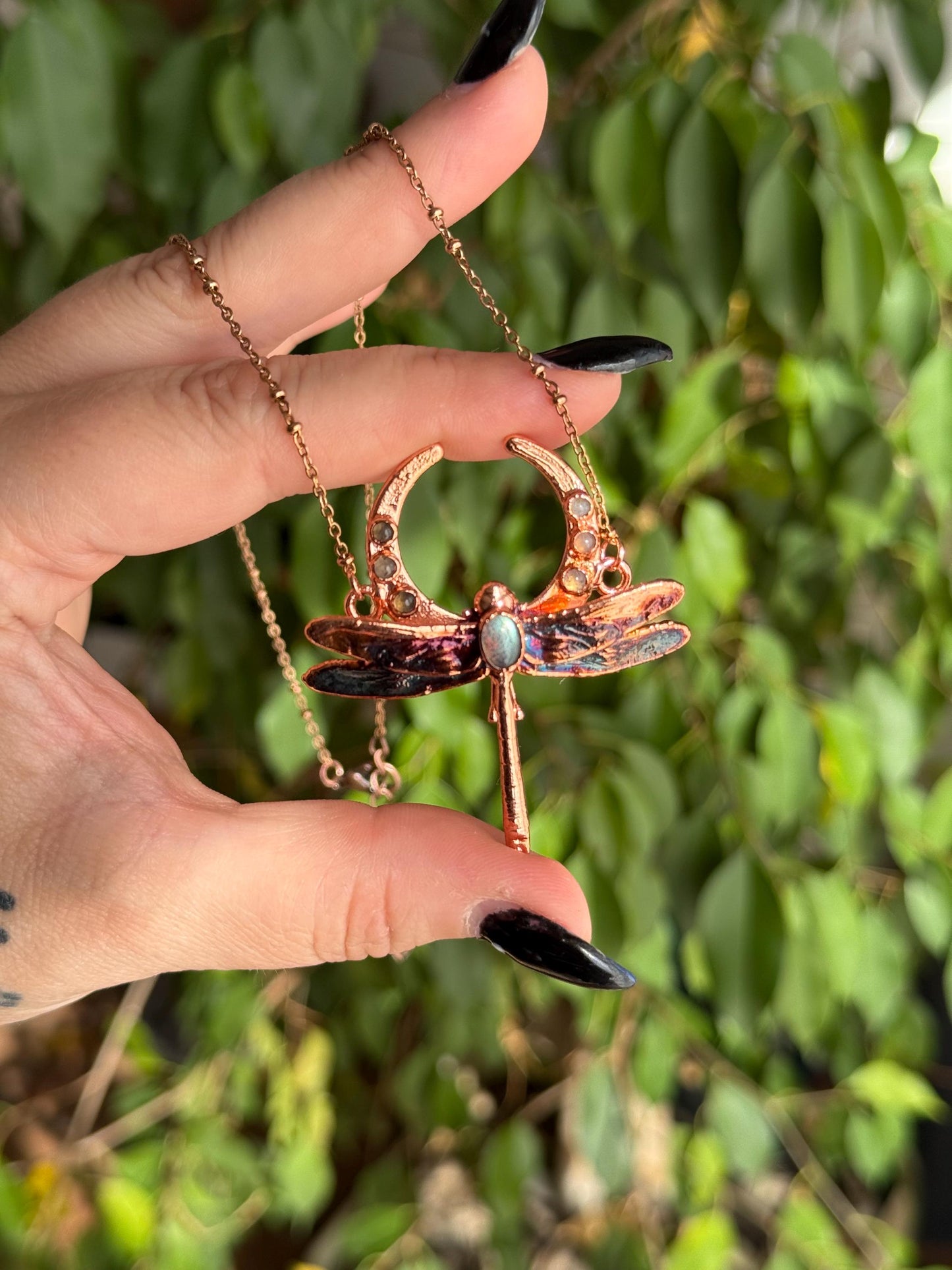 Eformed tiny dragonfly with labradorites, 3d printed  insect eformed in bright copper witchy unique necklace