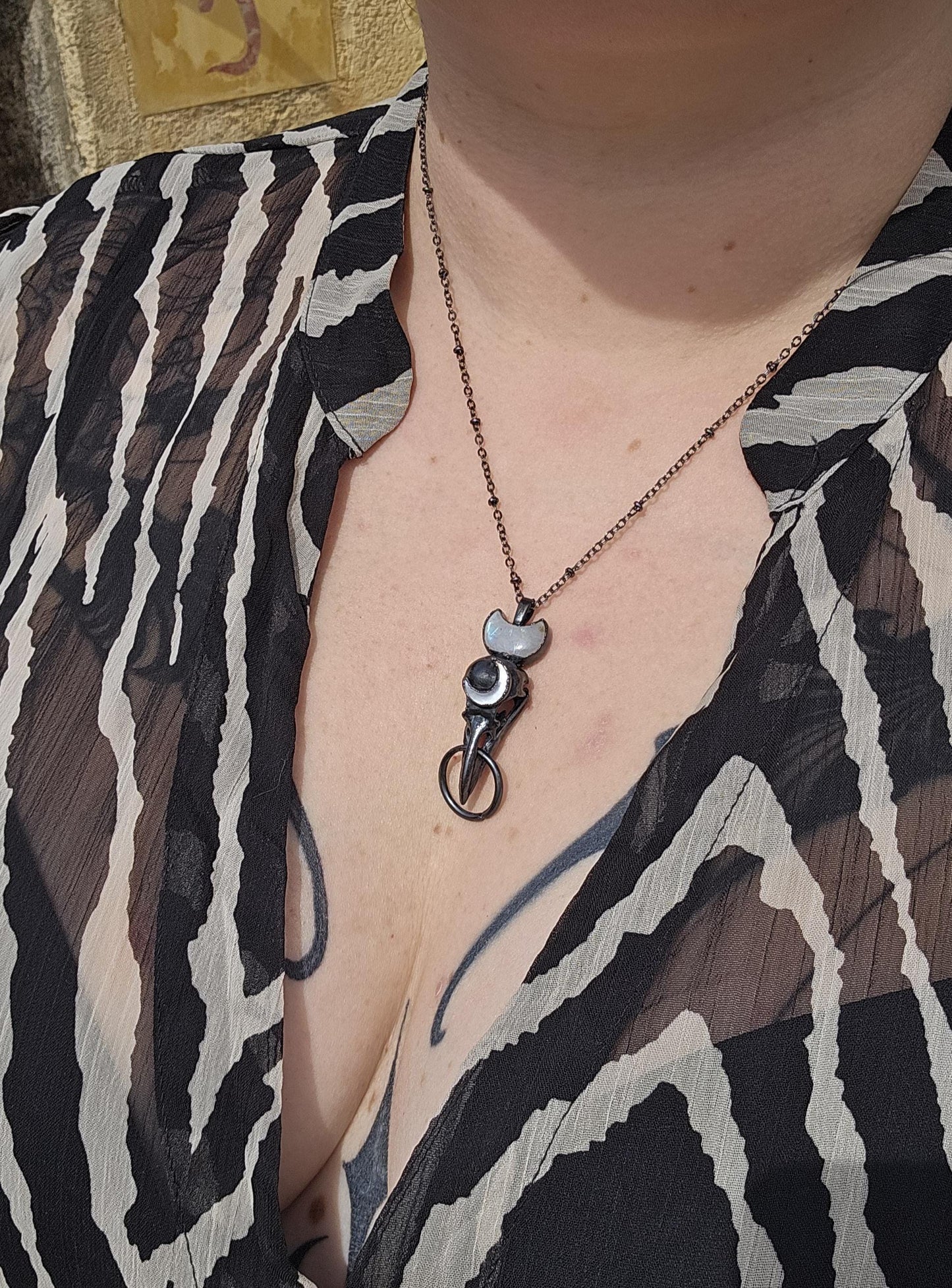 Goth Copper eformed 3d printed raven skull gunblack finish with moonstones, resin vegan skull on a short chain