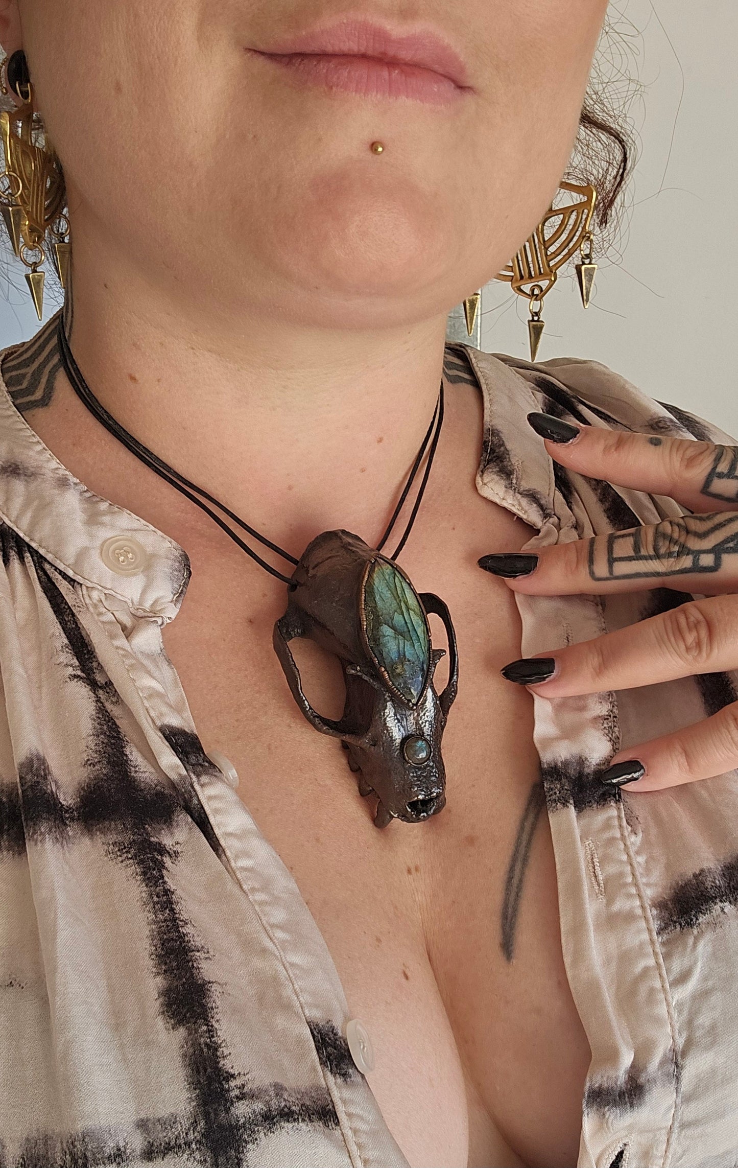 Copper eformed resin bat skull with a huge labradorite third eye, gunblack finish, statement big necklace on two black leather cords
