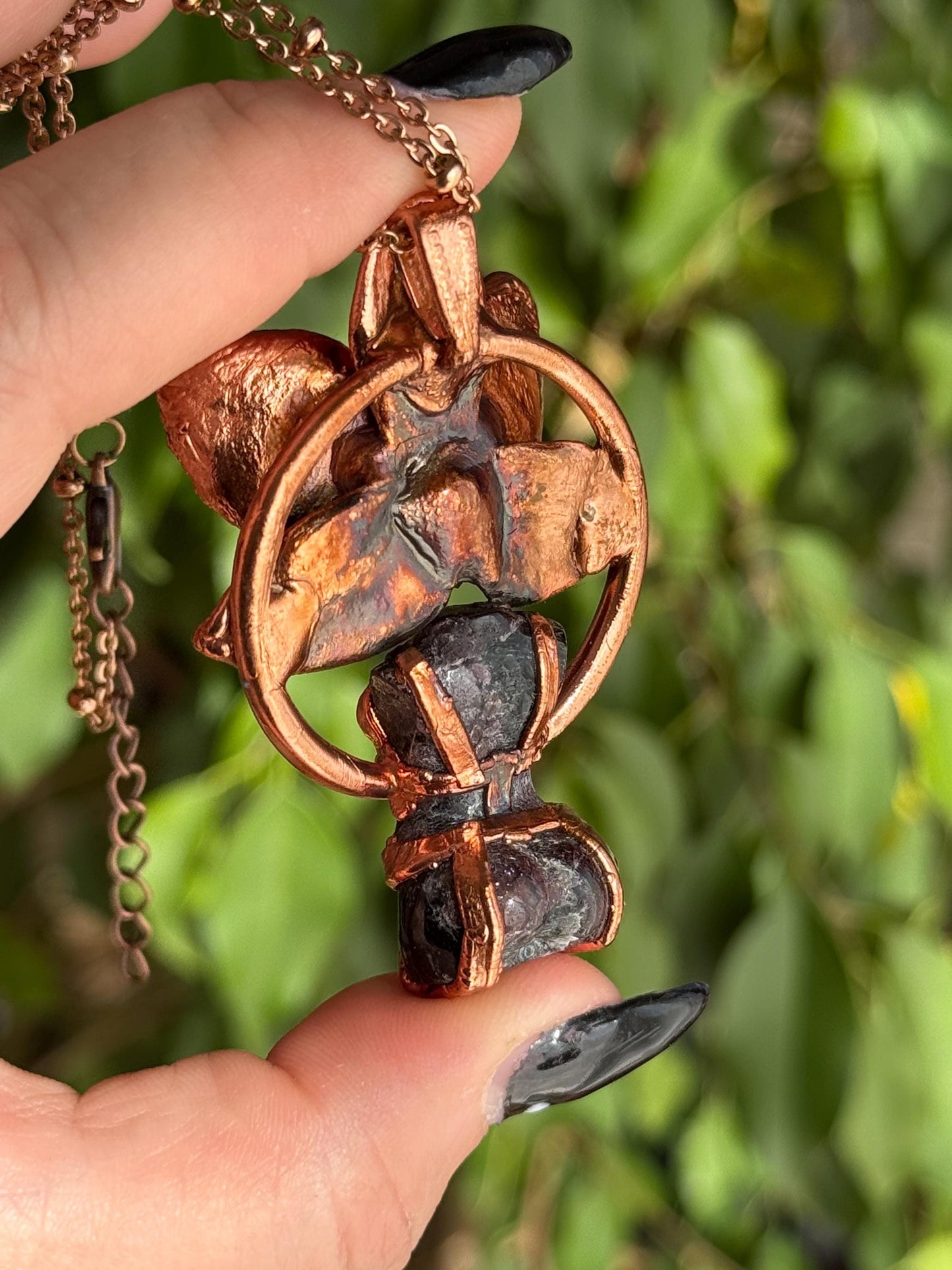 Carved garnet with a real orchid eformed in copper ,  naughty fairy,  delicate necklace on medium chain