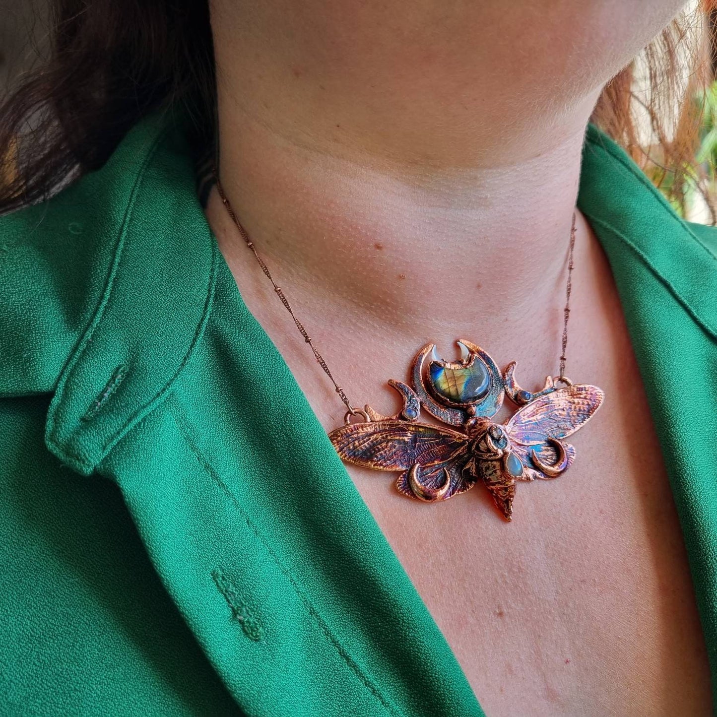 Copper eformed real cicada with a light blue faceted labradorite, two small abalone shell cabs and a small labradorite, gorgeous fairy piece
