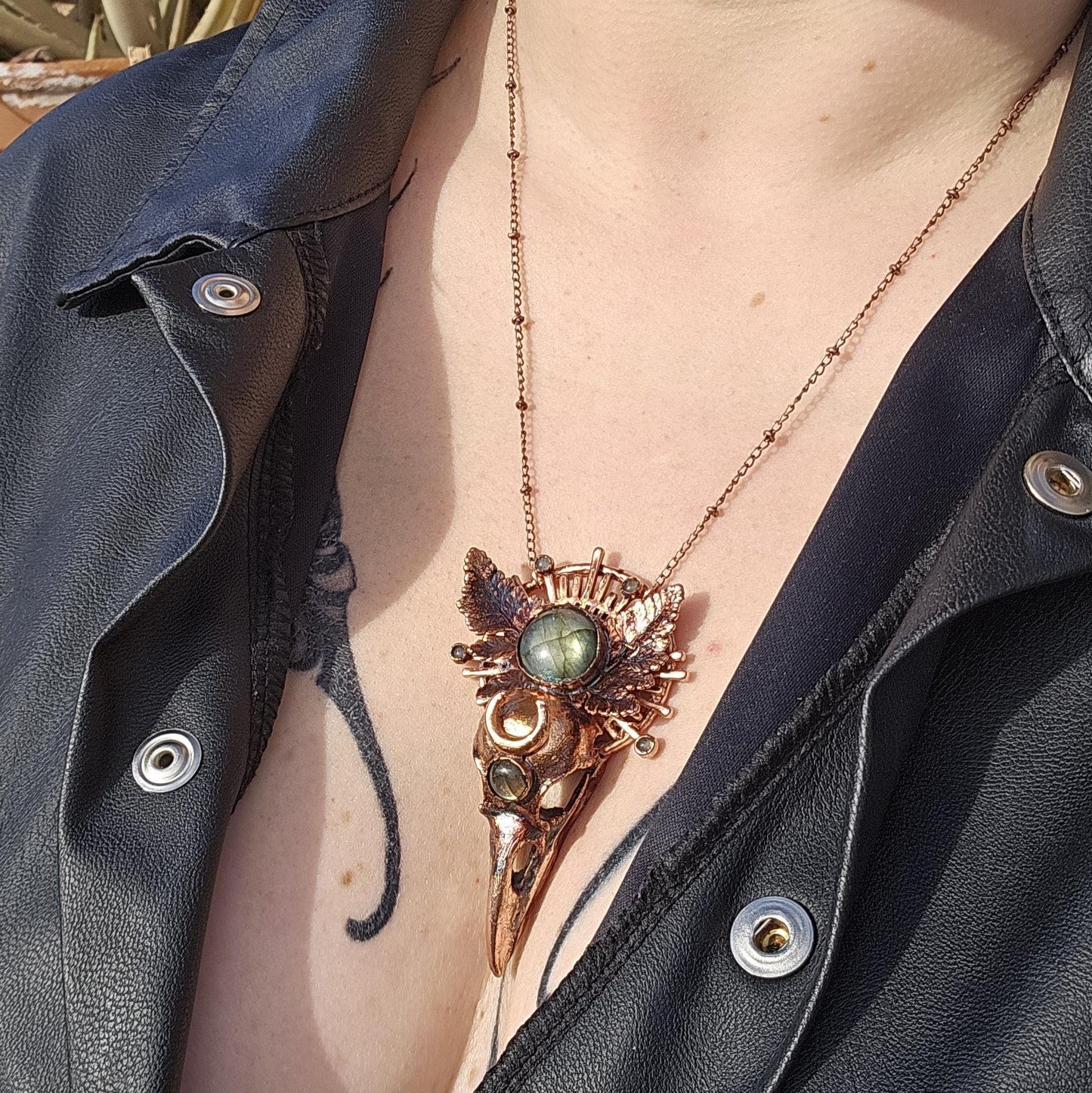 Copper eformed resin raven skull with real eformed fern and gorgeous labradorites