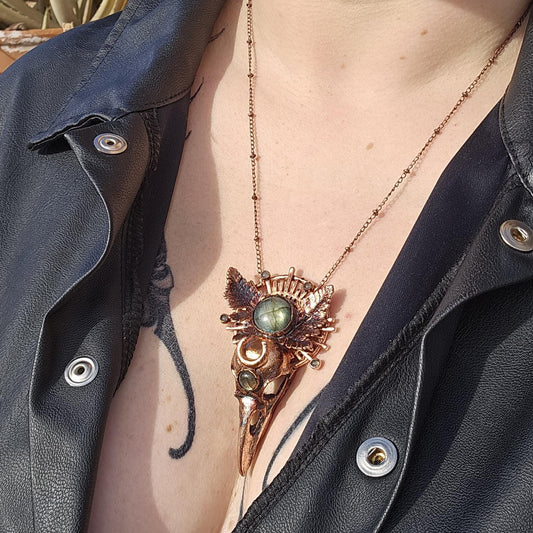 Copper eformed resin raven skull with real eformed fern and gorgeous labradorites
