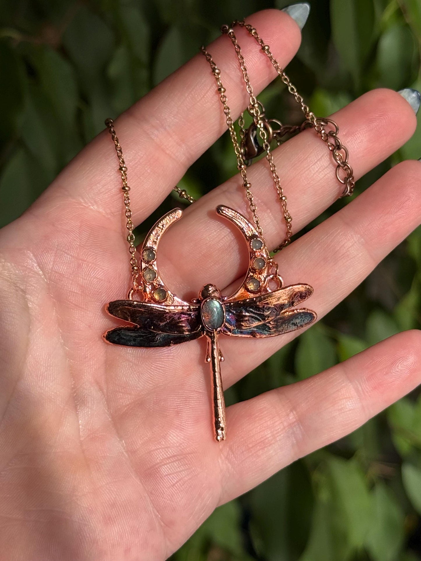 Eformed tiny dragonfly with labradorites, 3d printed  insect eformed in bright copper witchy unique necklace