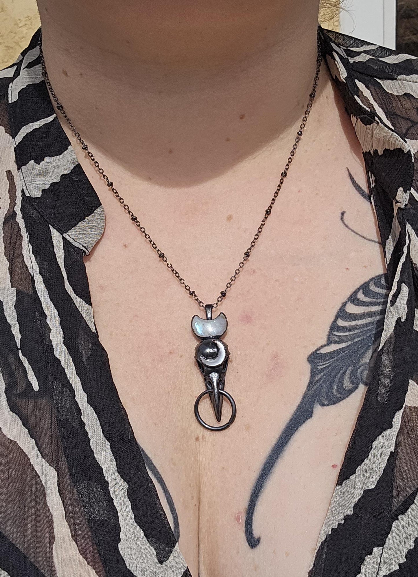 Goth Copper eformed 3d printed raven skull gunblack finish with moonstones, resin vegan skull on a short chain