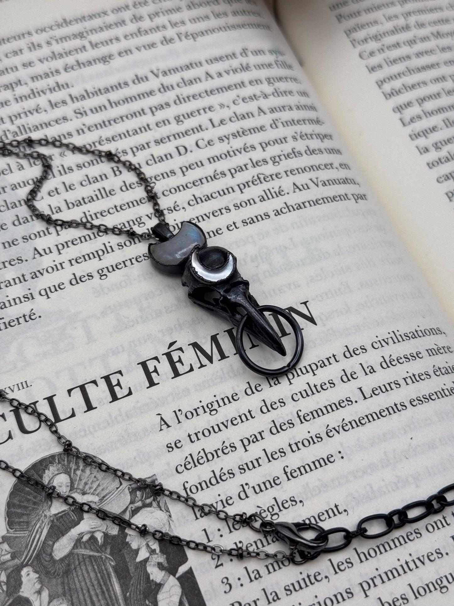 Goth Copper eformed 3d printed raven skull gunblack finish with moonstones, resin vegan skull on a short chain