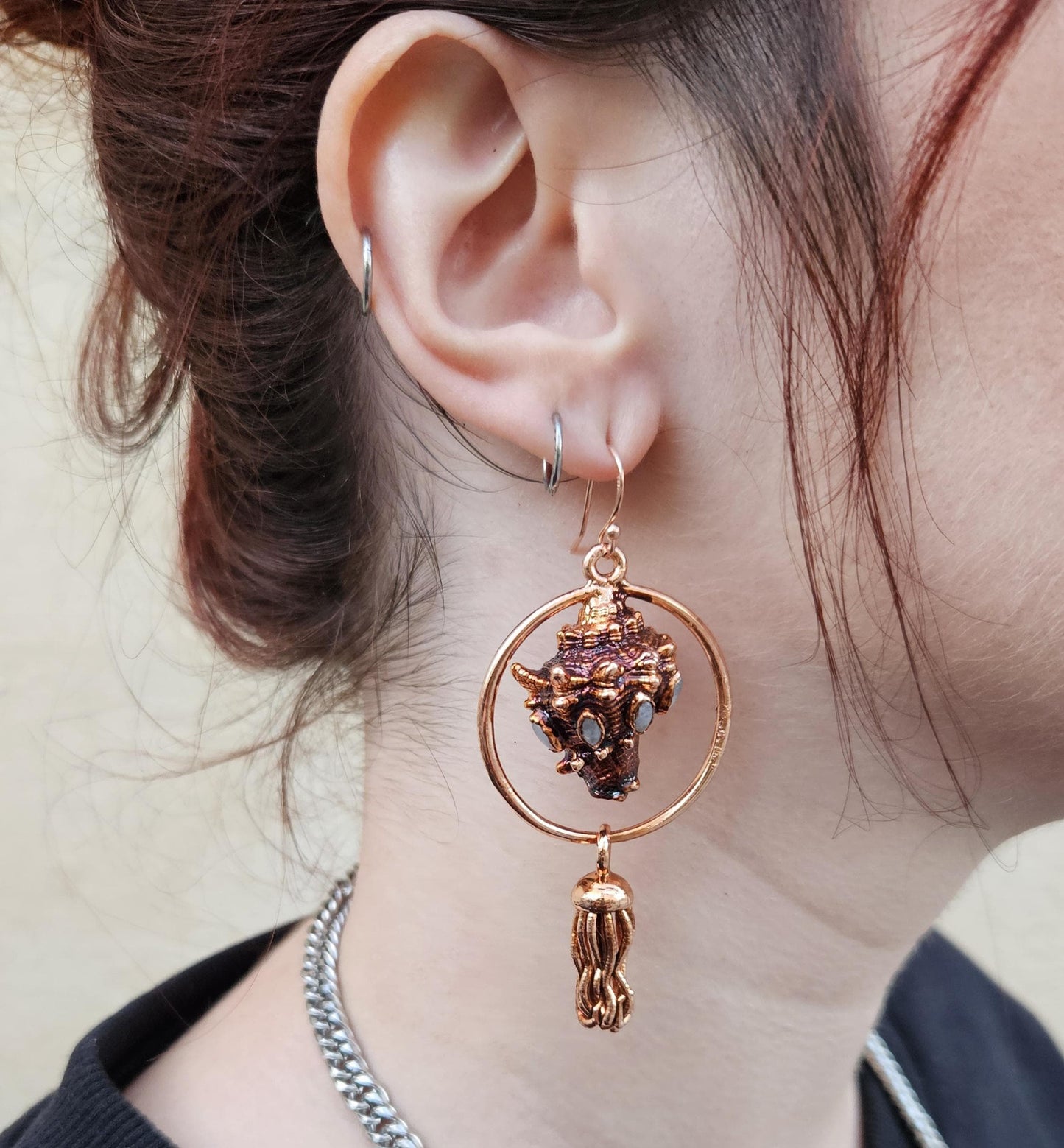 Mermaid earrings with real copper eformed seashells adorned win rainbow moonstones with colorful patina on rose gold plated silver hooks