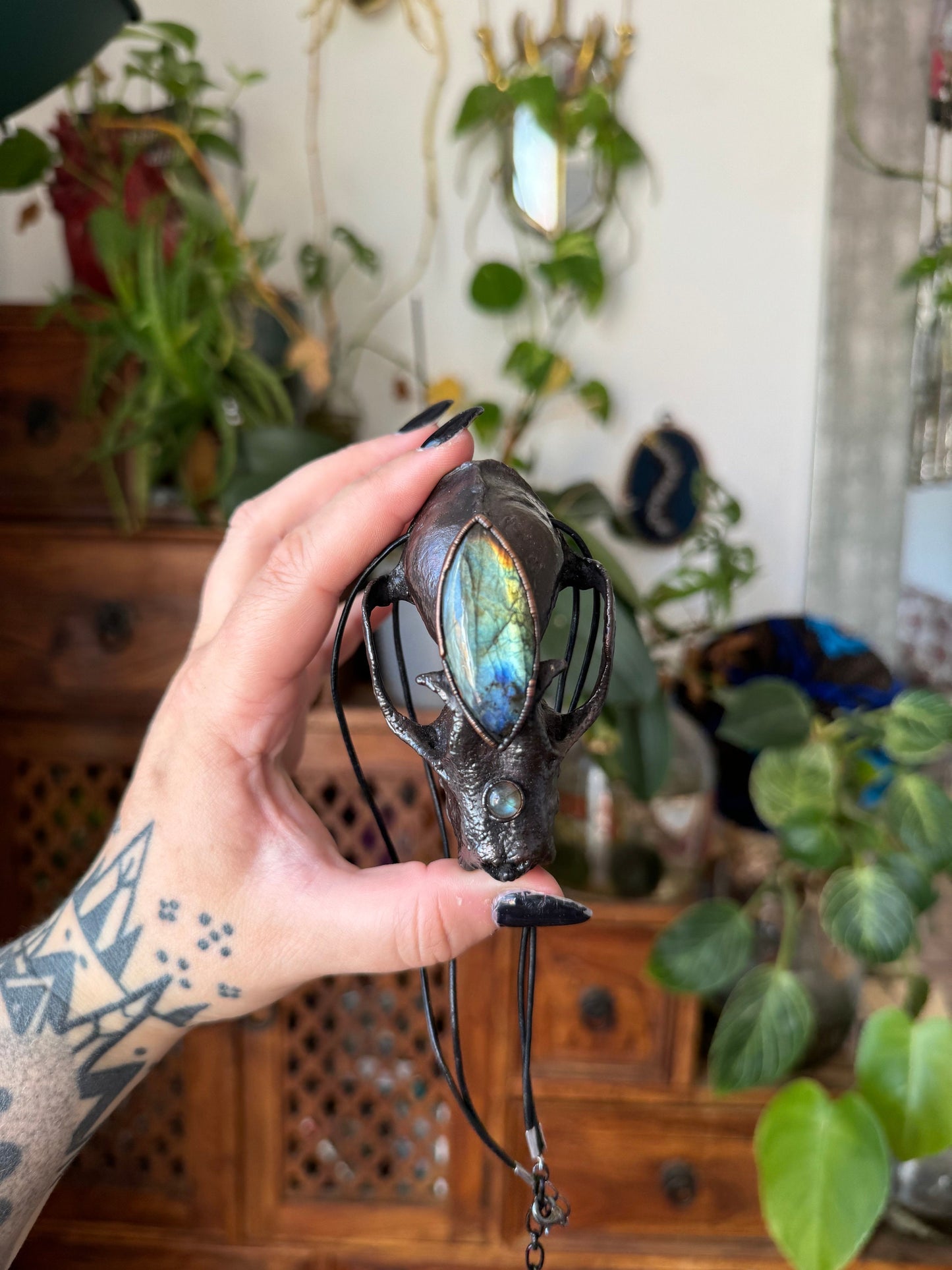 Copper eformed resin bat skull with a huge labradorite third eye, gunblack finish, statement big necklace on two black leather cords