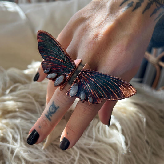 Butterfly oversized ring with moonstones, size 7.25 US/uk O, copper eformed with colorful patina