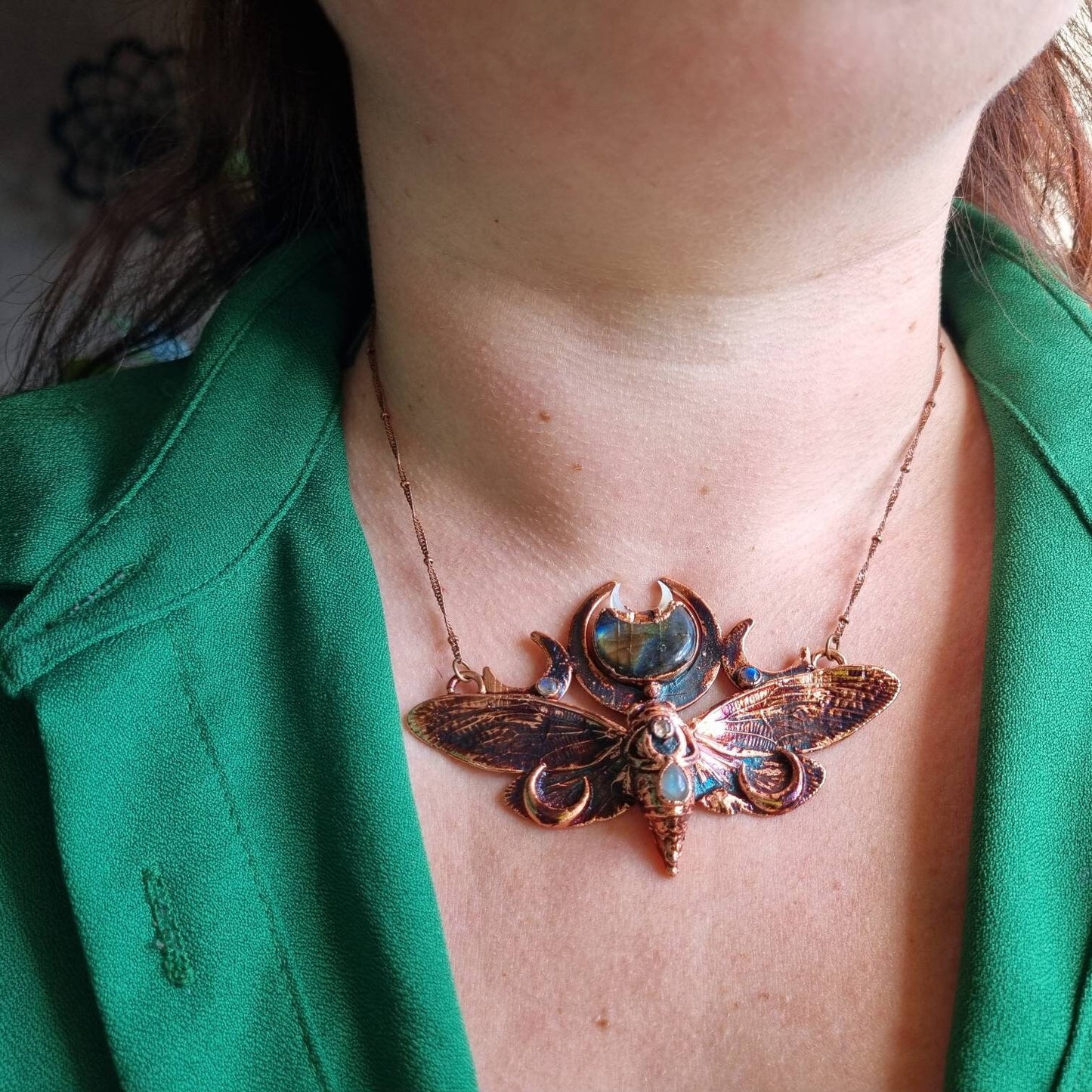 Copper eformed real cicada with a light blue faceted labradorite, two small abalone shell cabs and a small labradorite, gorgeous fairy piece