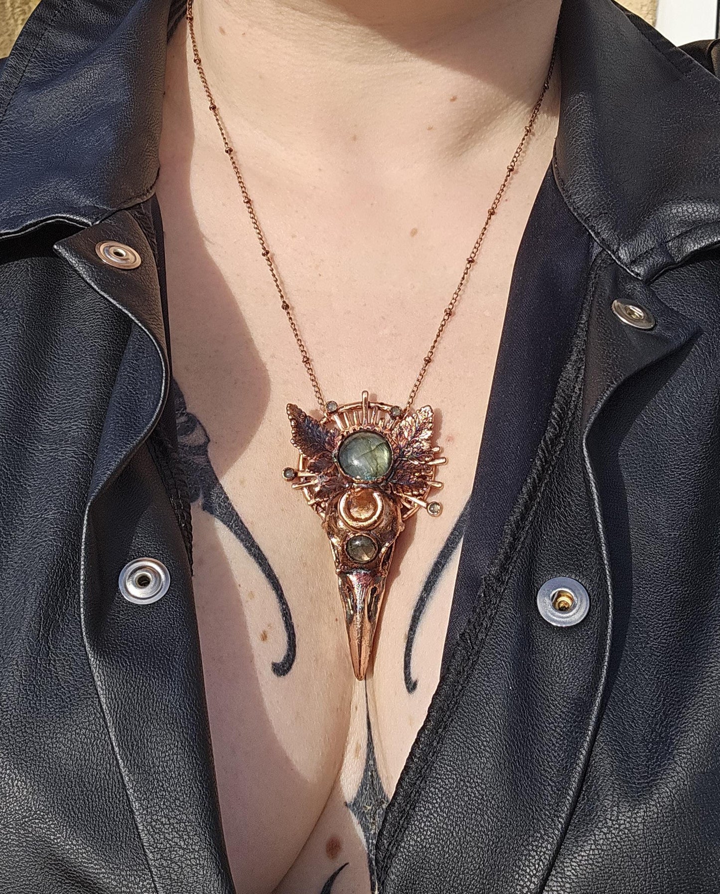 Copper eformed resin raven skull with real eformed fern and gorgeous labradorites