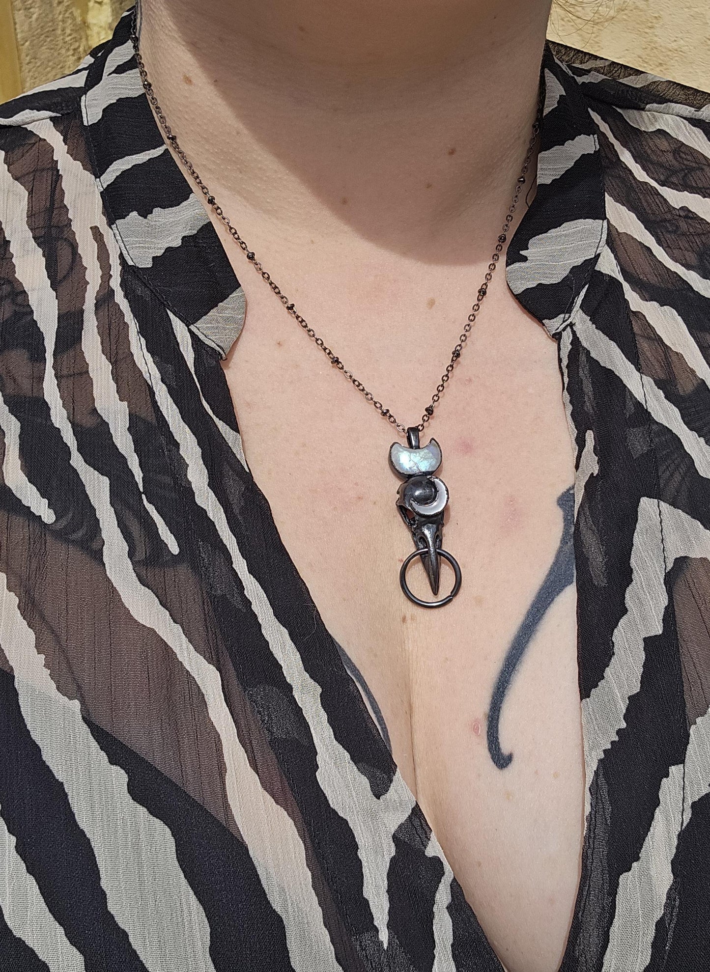 Goth Copper eformed 3d printed raven skull gunblack finish with moonstones, resin vegan skull on a short chain