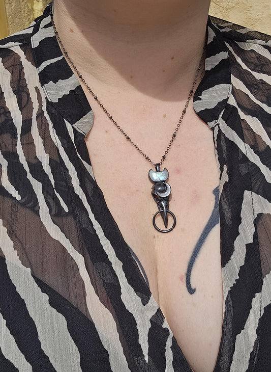 Goth Copper eformed 3d printed raven skull gunblack finish with moonstones, resin vegan skull on a short chain