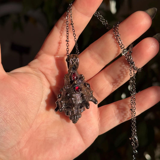 Copper eformed real seashell with amethysts, reversible necklace on a satellite chain