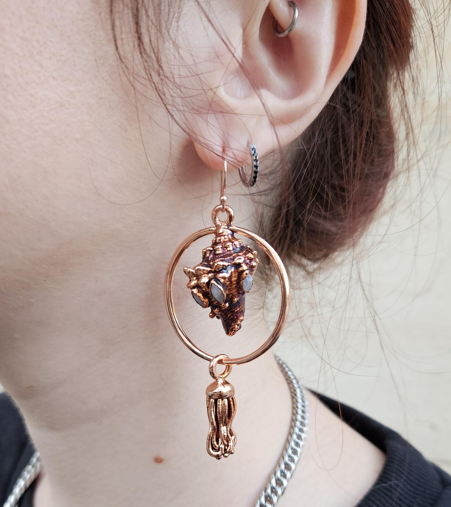 Mermaid earrings with real copper eformed seashells adorned win rainbow moonstones with colorful patina on rose gold plated silver hooks