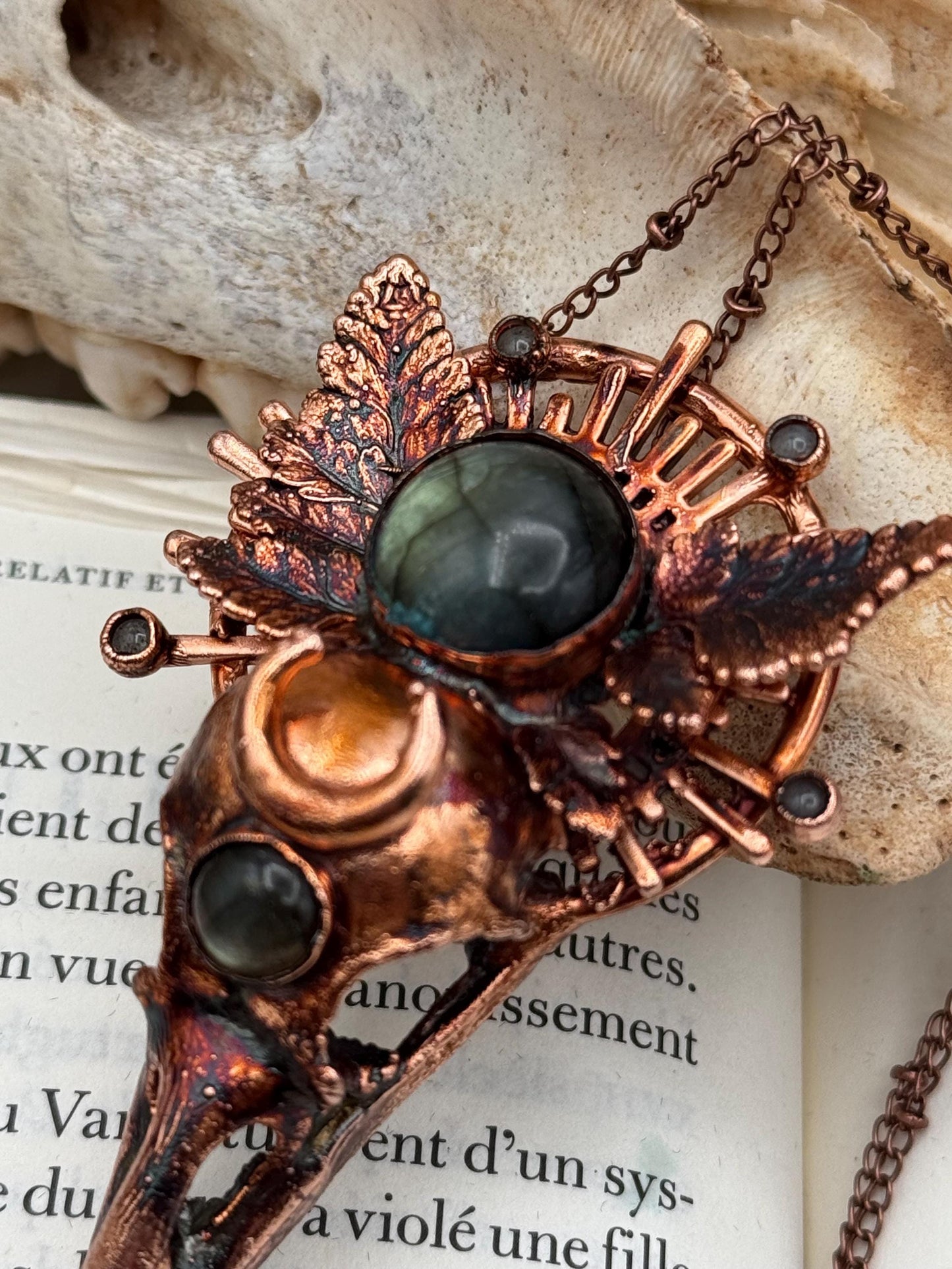 Copper eformed resin raven skull with real eformed fern and gorgeous labradorites