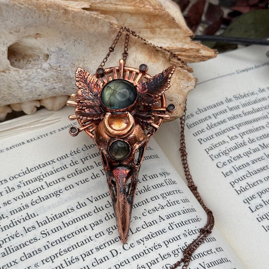 Copper eformed resin raven skull with real eformed fern and gorgeous labradorites
